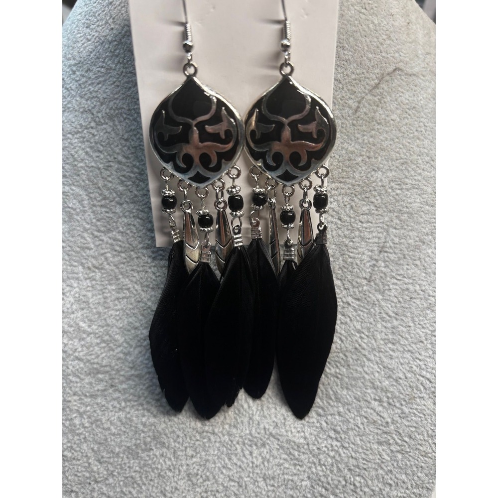 #58. Vintage Style Silver & Black Chandelier Feather Earrings